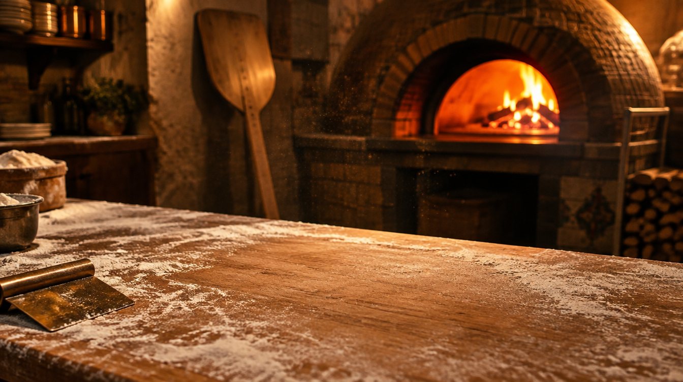 A flour-dusted beechwood bench in front of a glowing wood-fired oven